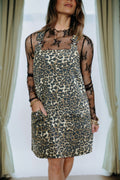 Gray Leopard Print Pocketed Loose Fit Denim Overall Dress