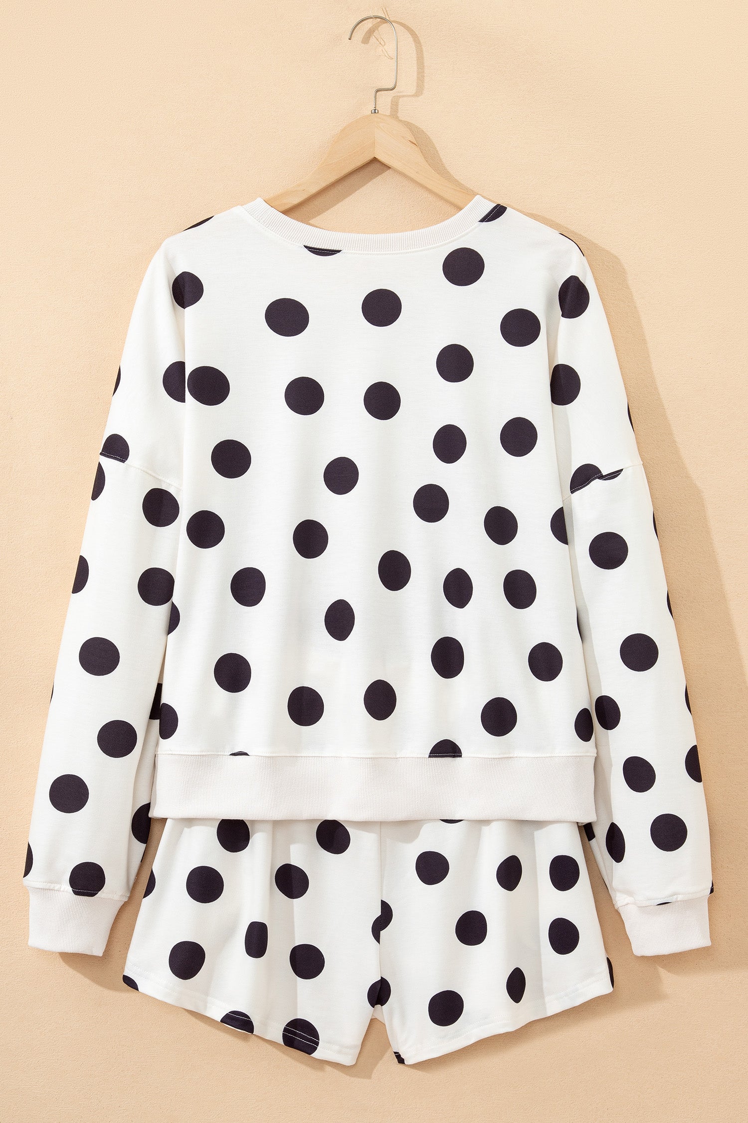 Sky Blue Polka Dot Print Drop Shoulder Pullover Drawstring Shorts Set