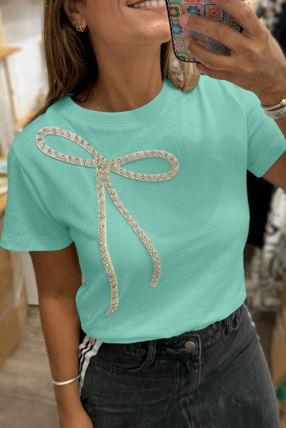 Mint Green Rhinestone Bow Embellished Round Neck Tee