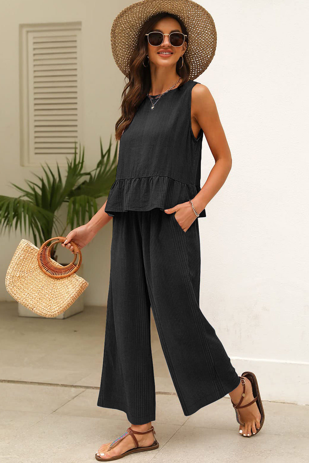 Green Solid Color Ribbed Ruffle Tank Top and Pants Set