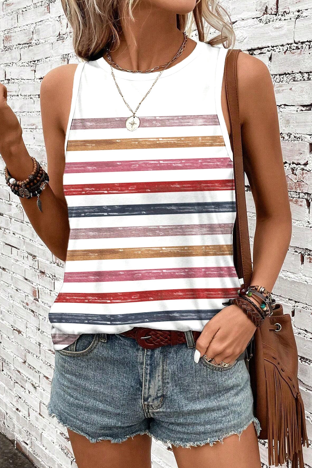 Red Stripe Rainbow Round Neck Tank Top