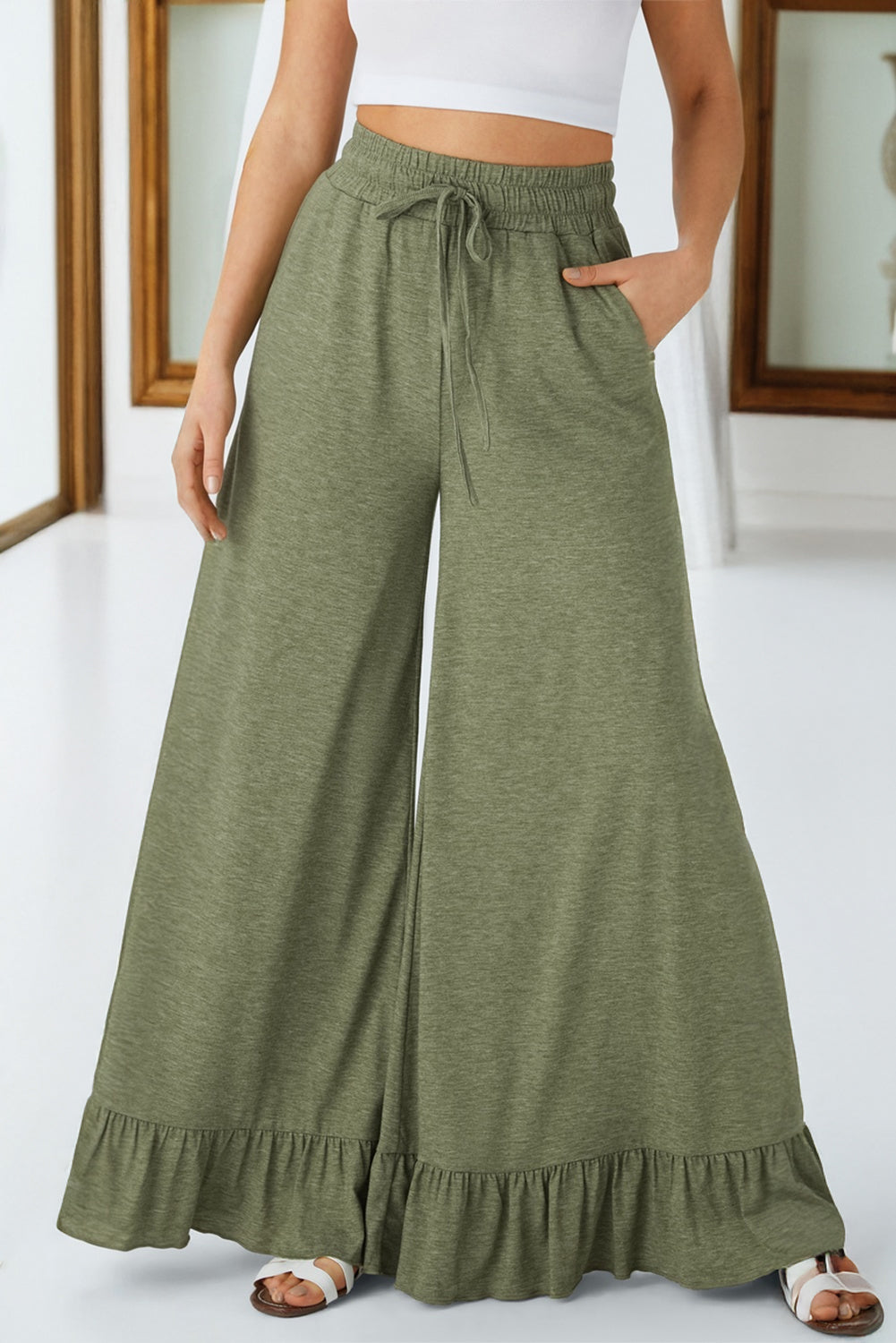 Medium Grey Ruffled Wide Leg Pull On High Waist Pants with Pockets