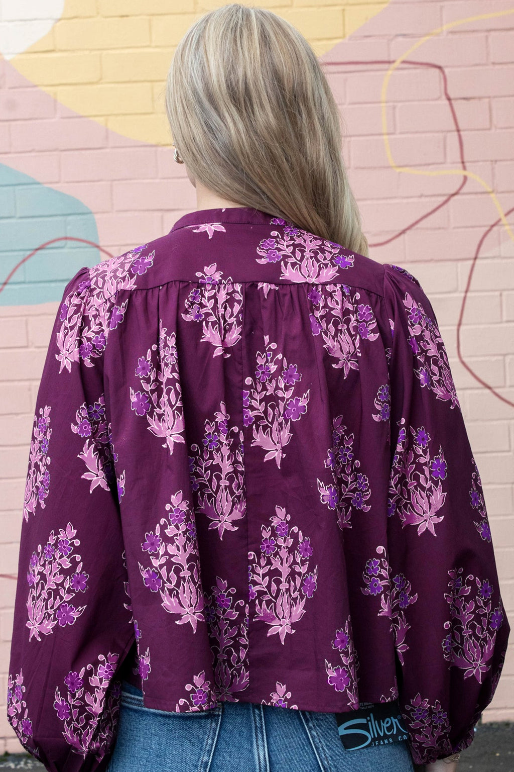 Purple Floral Print Button Front Long Sleeve Round Neck Casual Shift Top