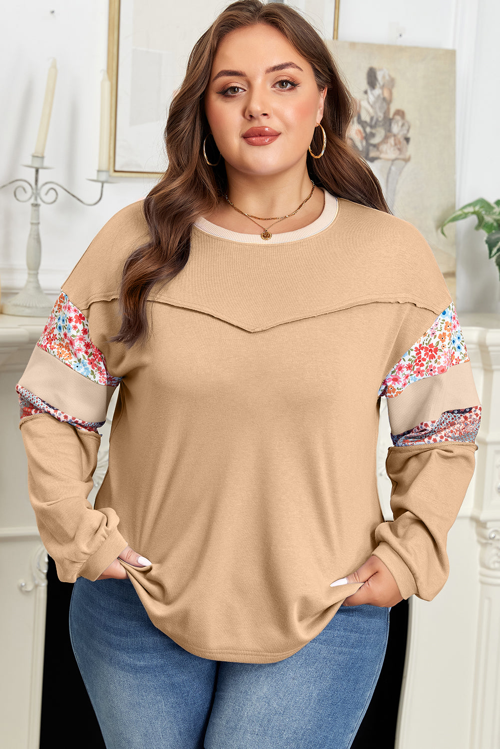 Blue Exposed Seam Floral Mixed Patchwork Relaxed Plus Size Top