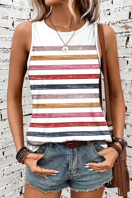 Red Stripe Rainbow Round Neck Tank Top