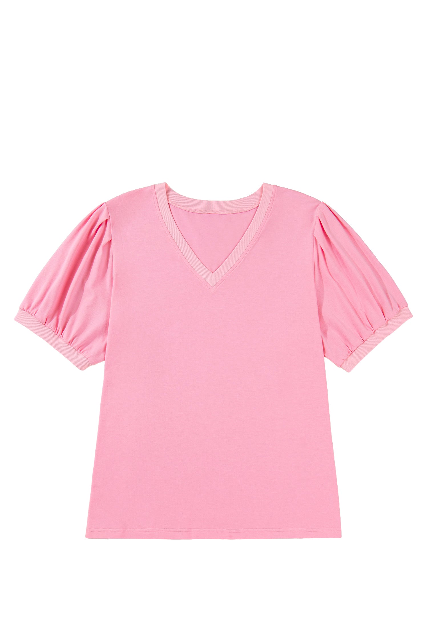 Bonbon V Neck Pleated Short Puff Sleeve Plus Size Blouse