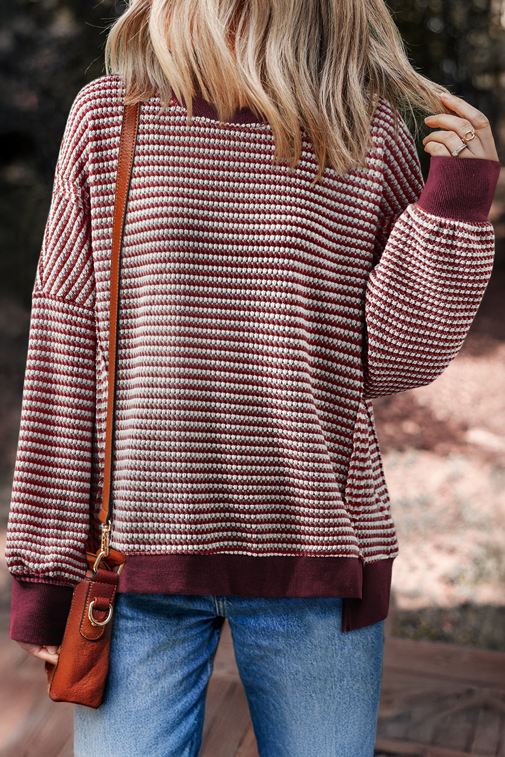 Black Stripe Ribbed Trim Drop Shoulder Long Sleeve Oversize Top