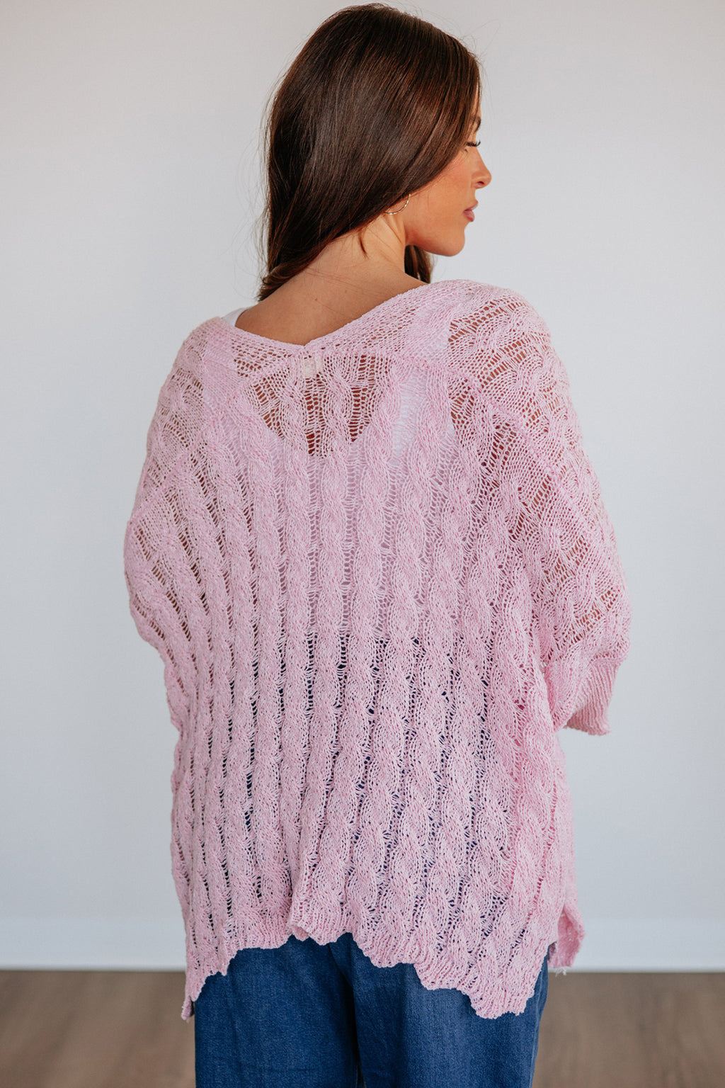 Pink Drop Shoulder Crochet Knit Open Front Sweater Cardigan