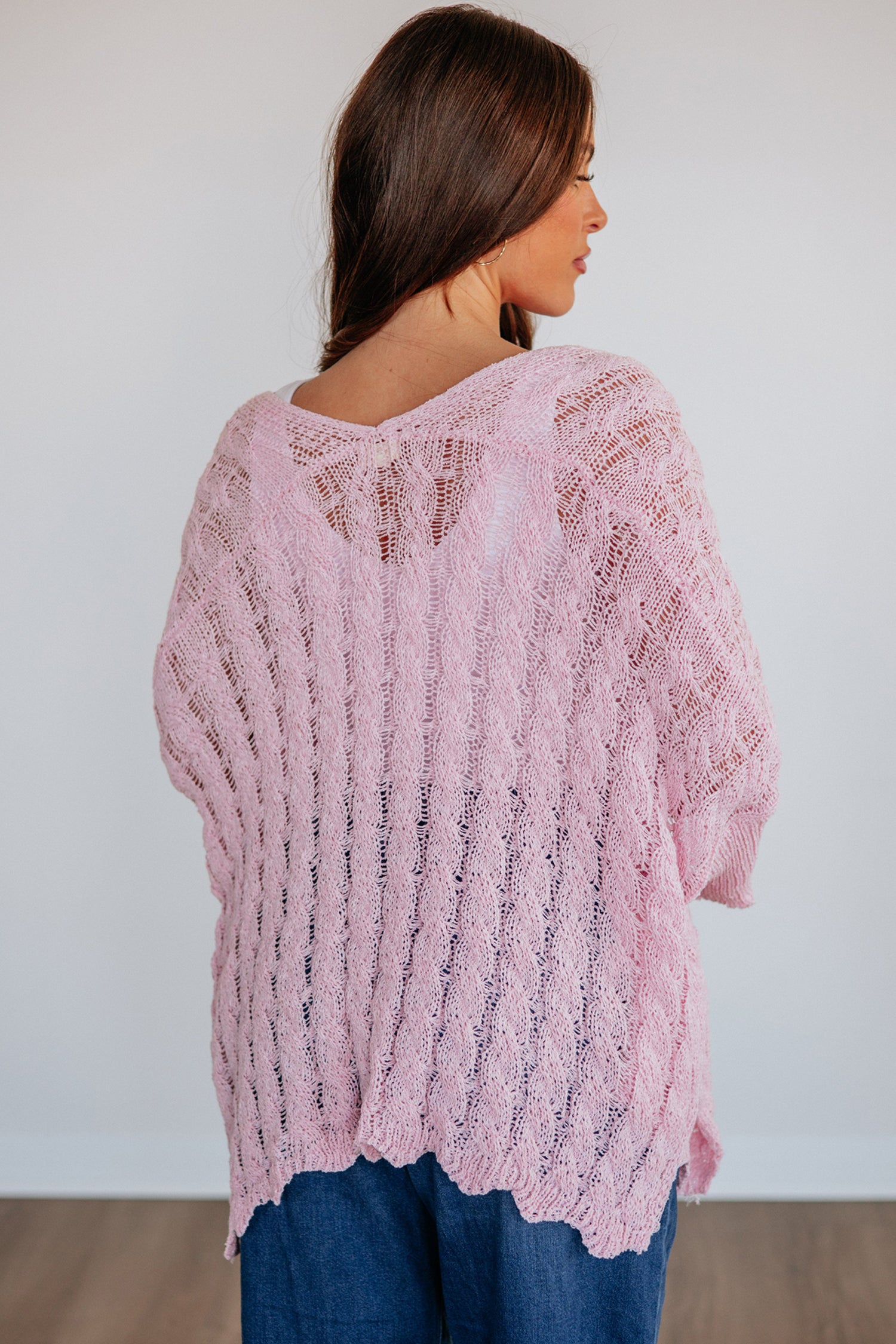 Pink Drop Shoulder Crochet Knit Open Front Sweater Cardigan