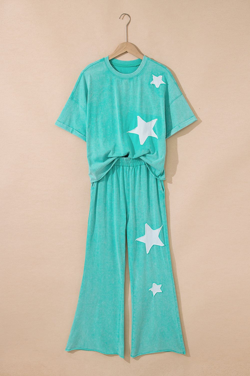 Light Pink Acid Wash Star Patched Rolled Trim Pants Set