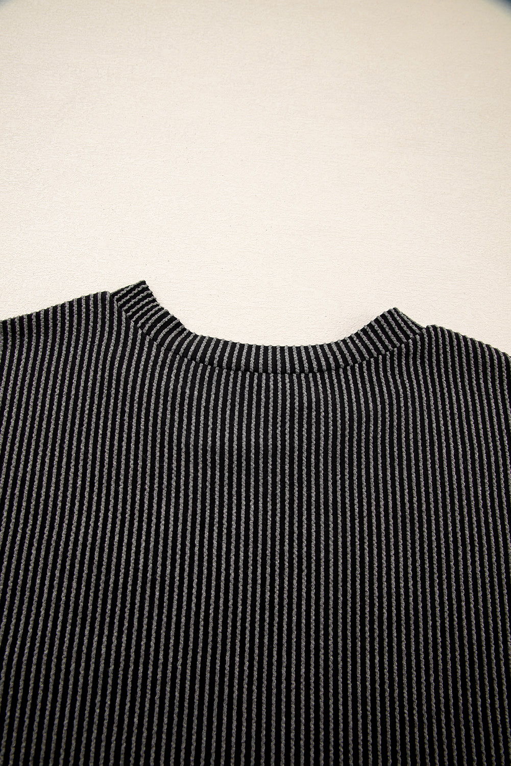 Carbon Grey Corded Knit Color Block Pocketed Crew Neck T Shirt