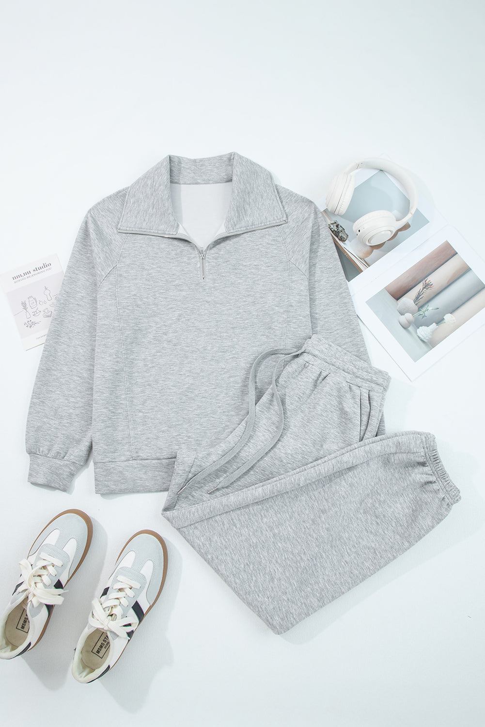 Goat Zip Collar Long Sleeve Top Drawstring Pants Set