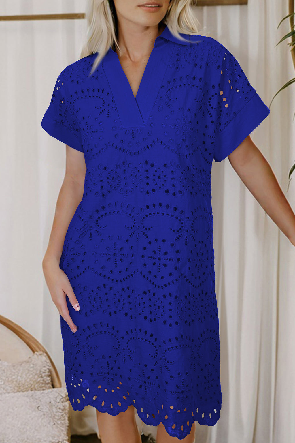 Rose Red Solid Color Eyelet Embroidered T Shirt Mini Dress