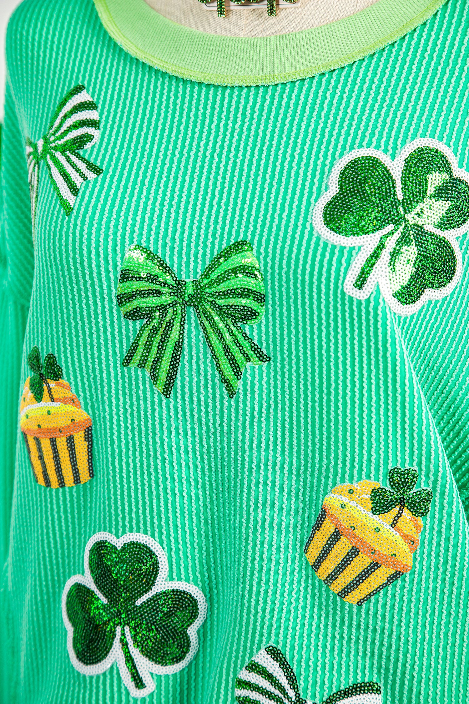 Bright Green Twisted Rib St Patricks Day Sequin Patch Graphic Long Sleeve Top