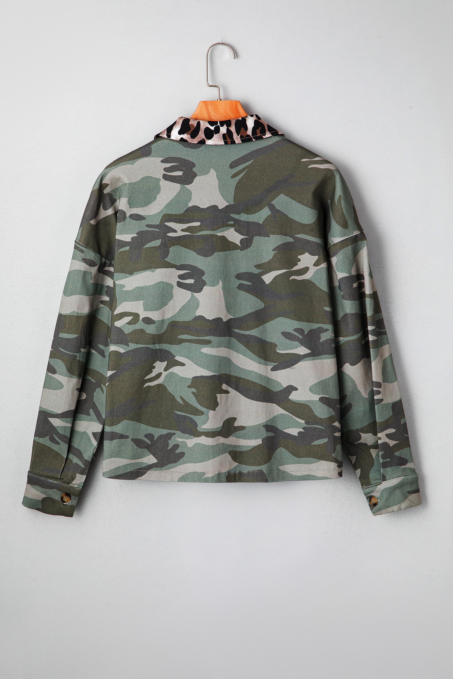 Green Camo Leopard Patchwork Flap Pocket Crop Jacket