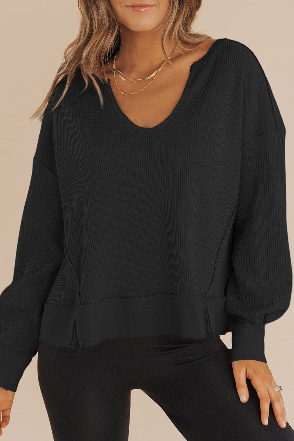 Casual Waffle Knit Notched V Neck Drop Shoulder Solid Sweatshirt