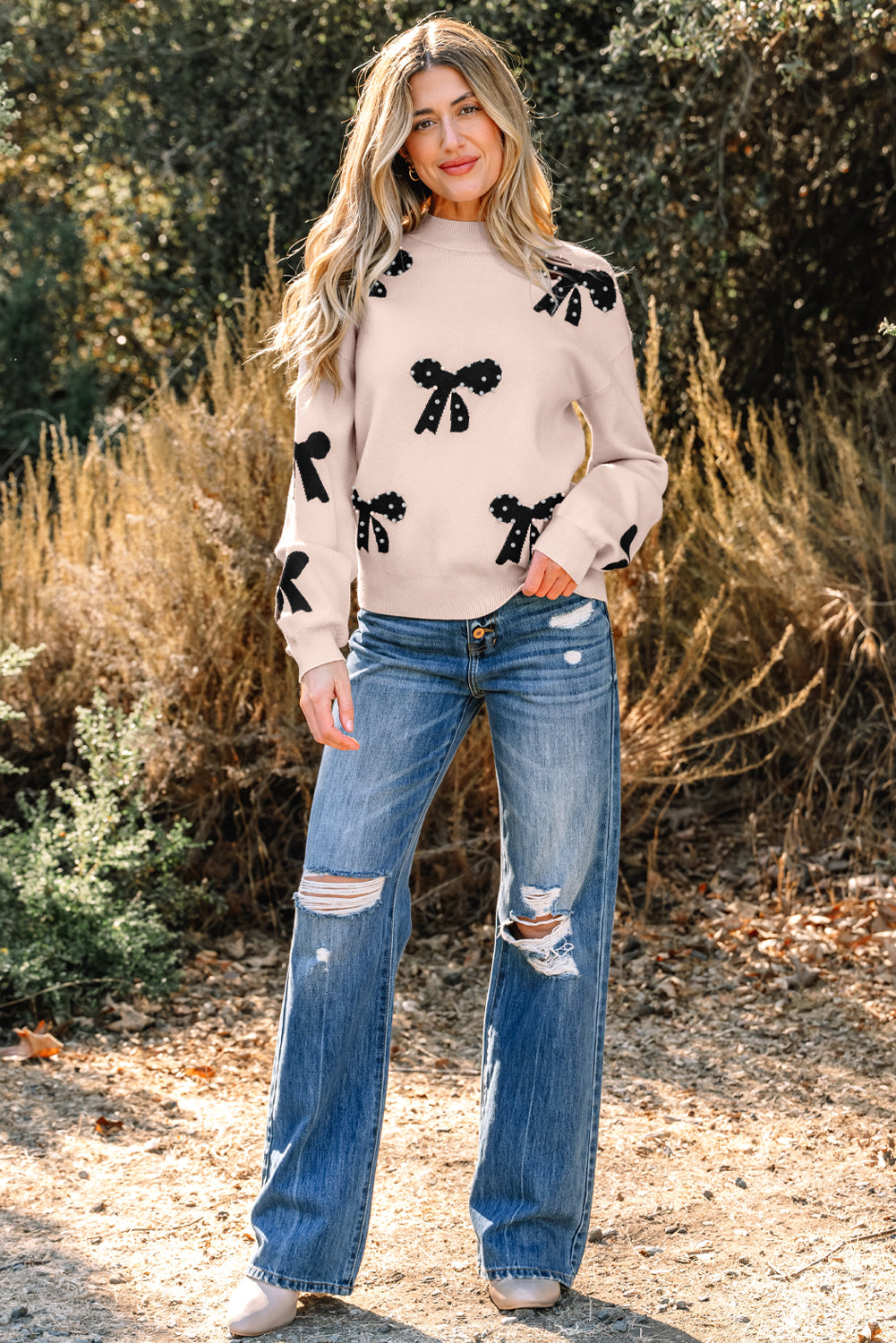 Smoke Gray Pearl Embellished Bow Pattern Loose Sweater