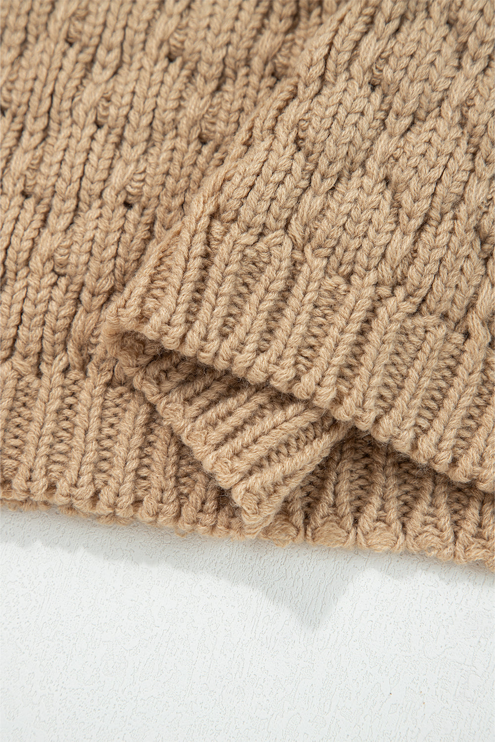Pale Khaki Contrast Detail Textured Knit Puff Sleeve Baggy Sweater