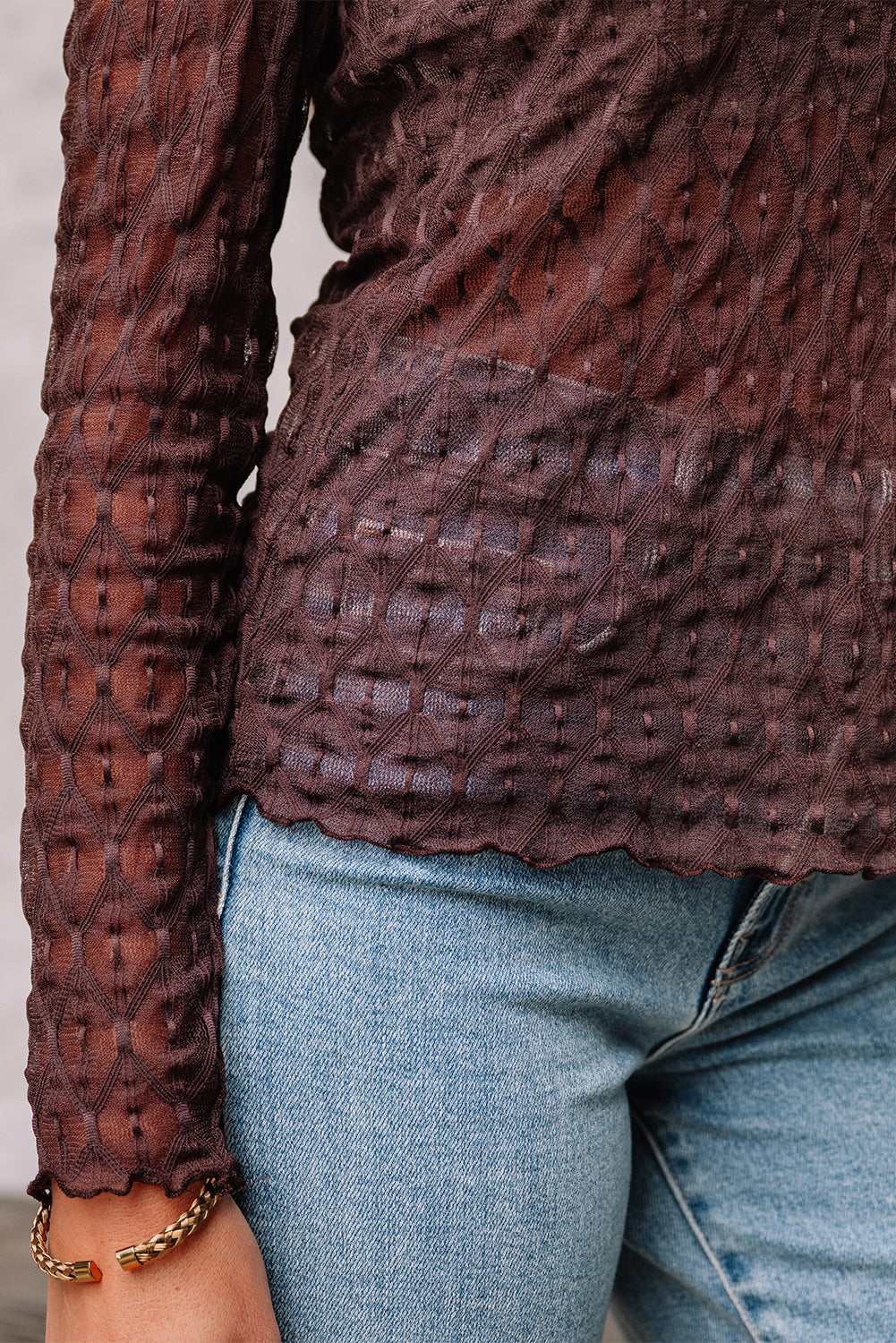 Coffee Sheer Mesh Patterned Lettuce Trim Slim Long Sleeve Top