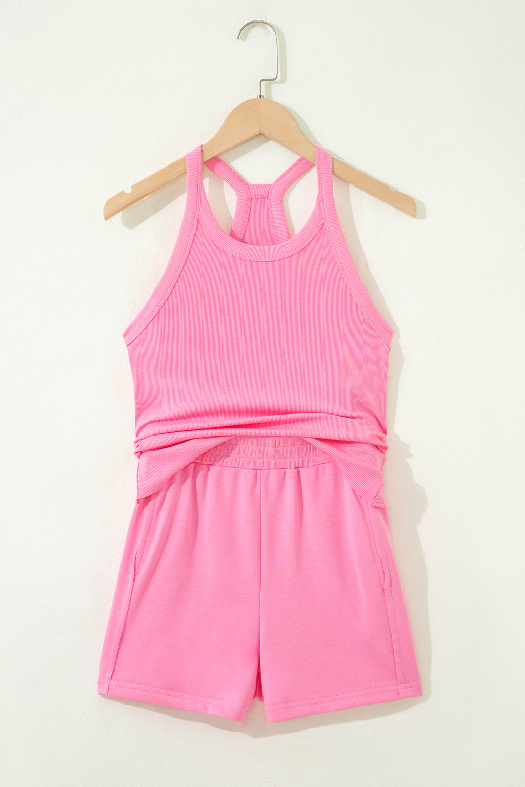Green Slim Tank Top Elastic High Waist Shorts 2pcs Outfit
