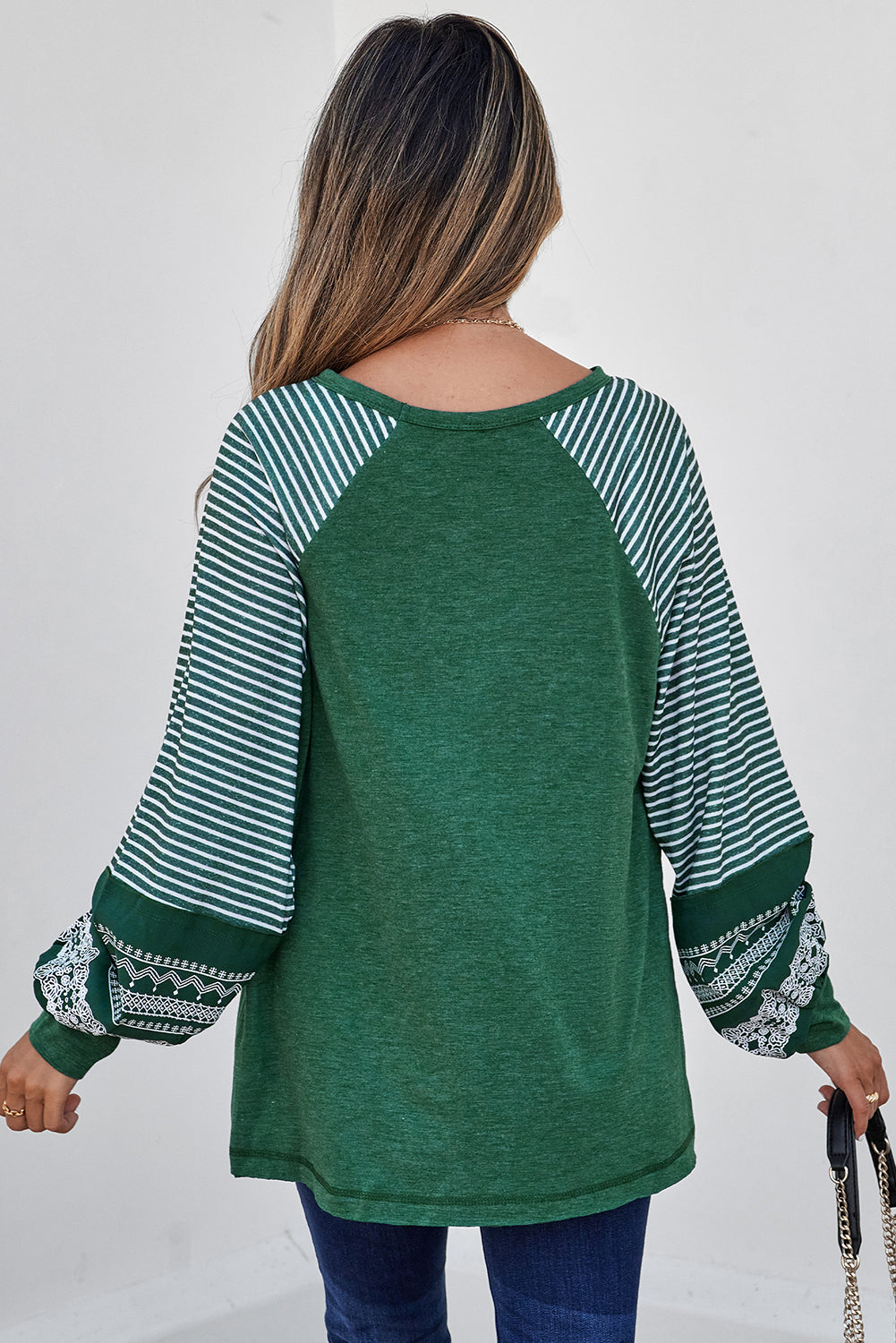 Mineral Red Contrast Print Striped Raglan Long Sleeve Loose Top