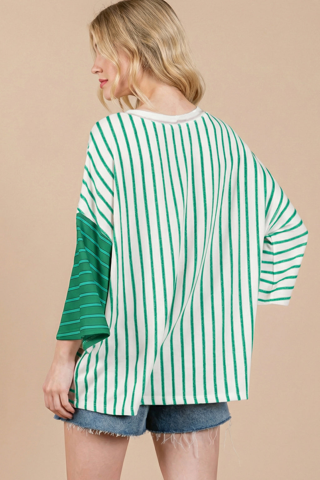 Pink Stripe Colorblock 3/4 Sleeve Loose T Shirt