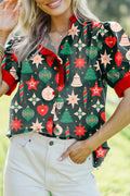Green Christmas Fashion Print Contrast Trim Frilled Neck Short Sleeve Blouse