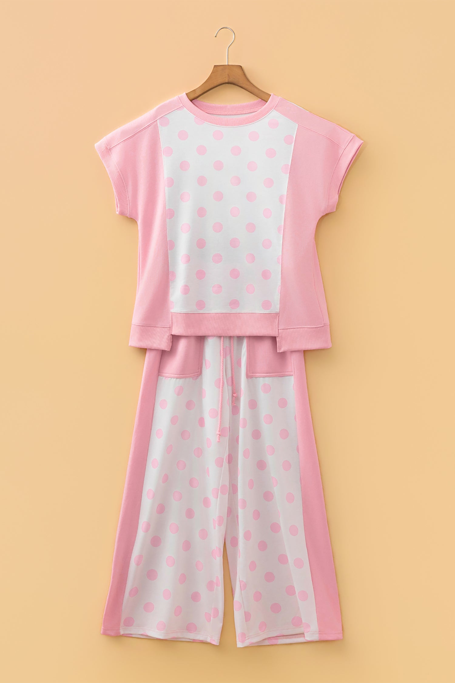 Green Color Block Patchwork Polka Dot Wide Leg Pant Set