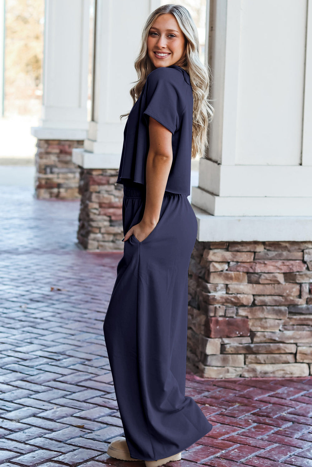 Navy Blue Raw Hem Loose Tee and Wide Leg Pants Set