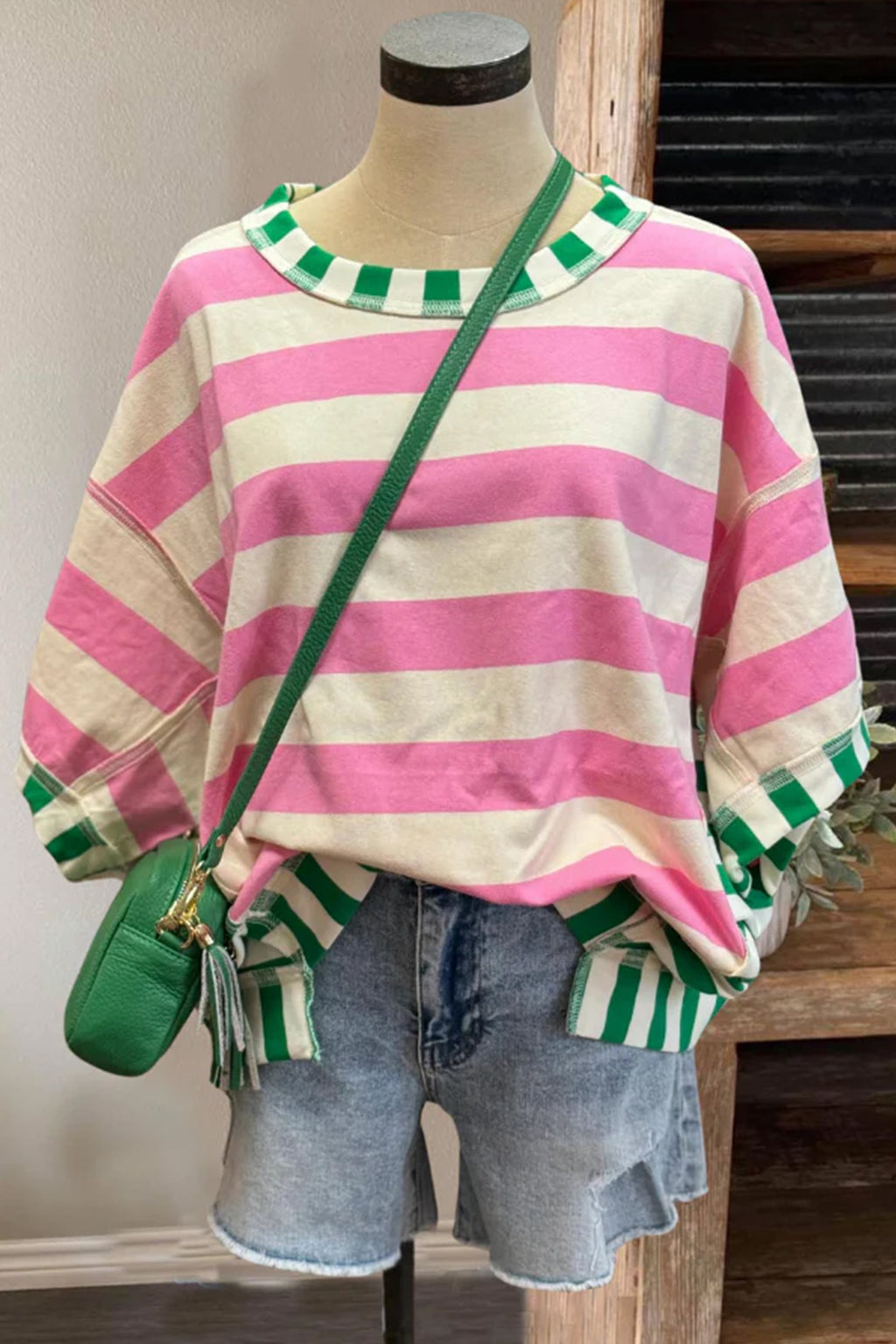 Yellow Stripe Exposed Seam Contrast Patchwork Oversized Top