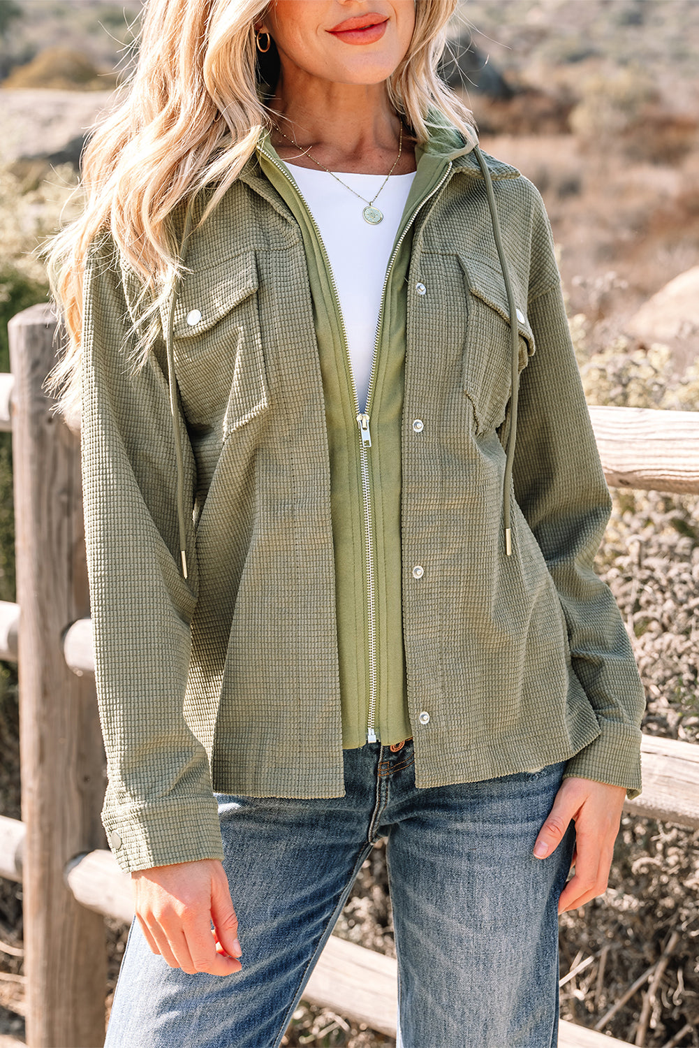 Laurel Green 2 in 1 Thermal Knit Textured Hooded Jacket