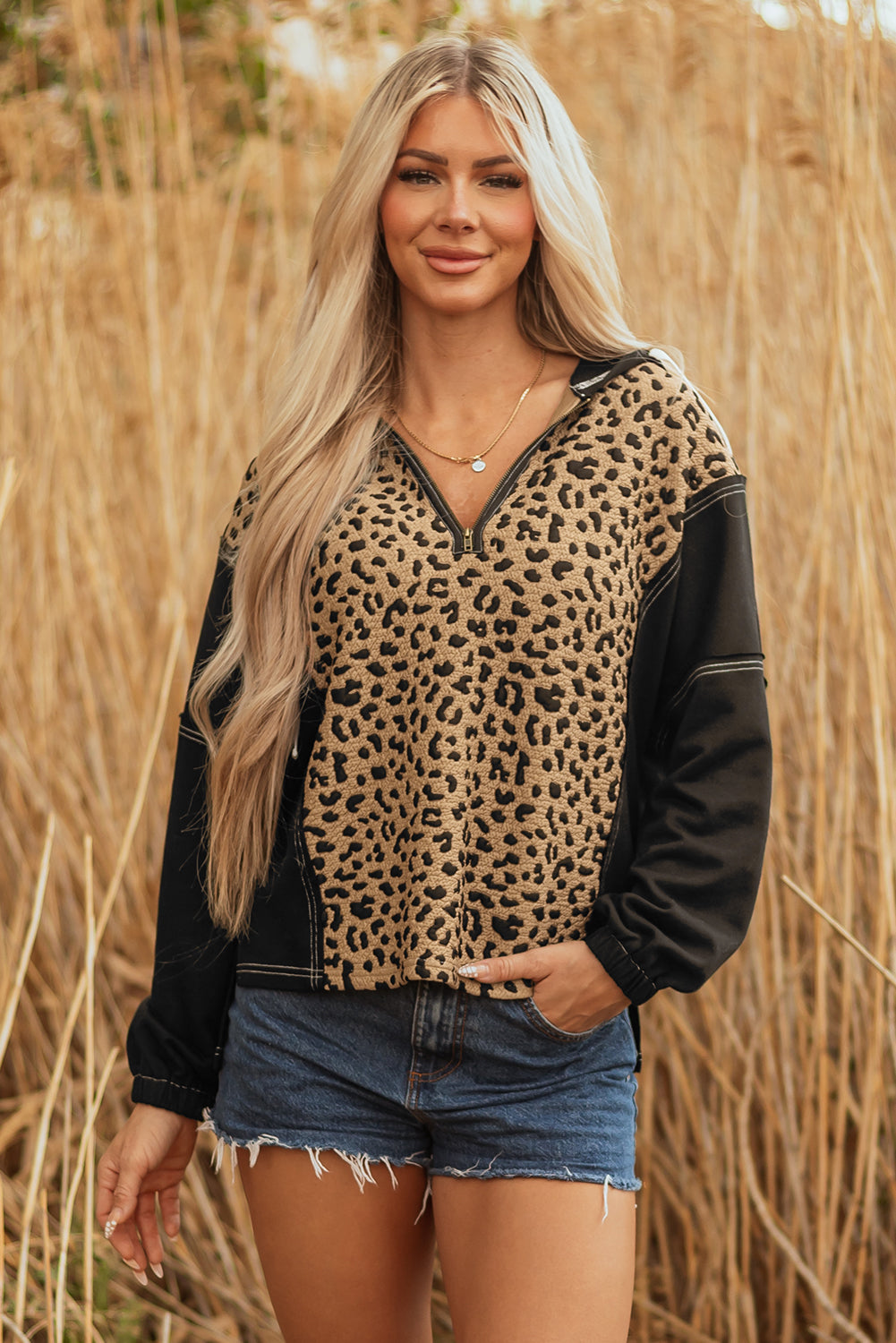 Brown Leopard Patchwork Contrast Stitching Knotted Cuff Quarter Zip Hoodie