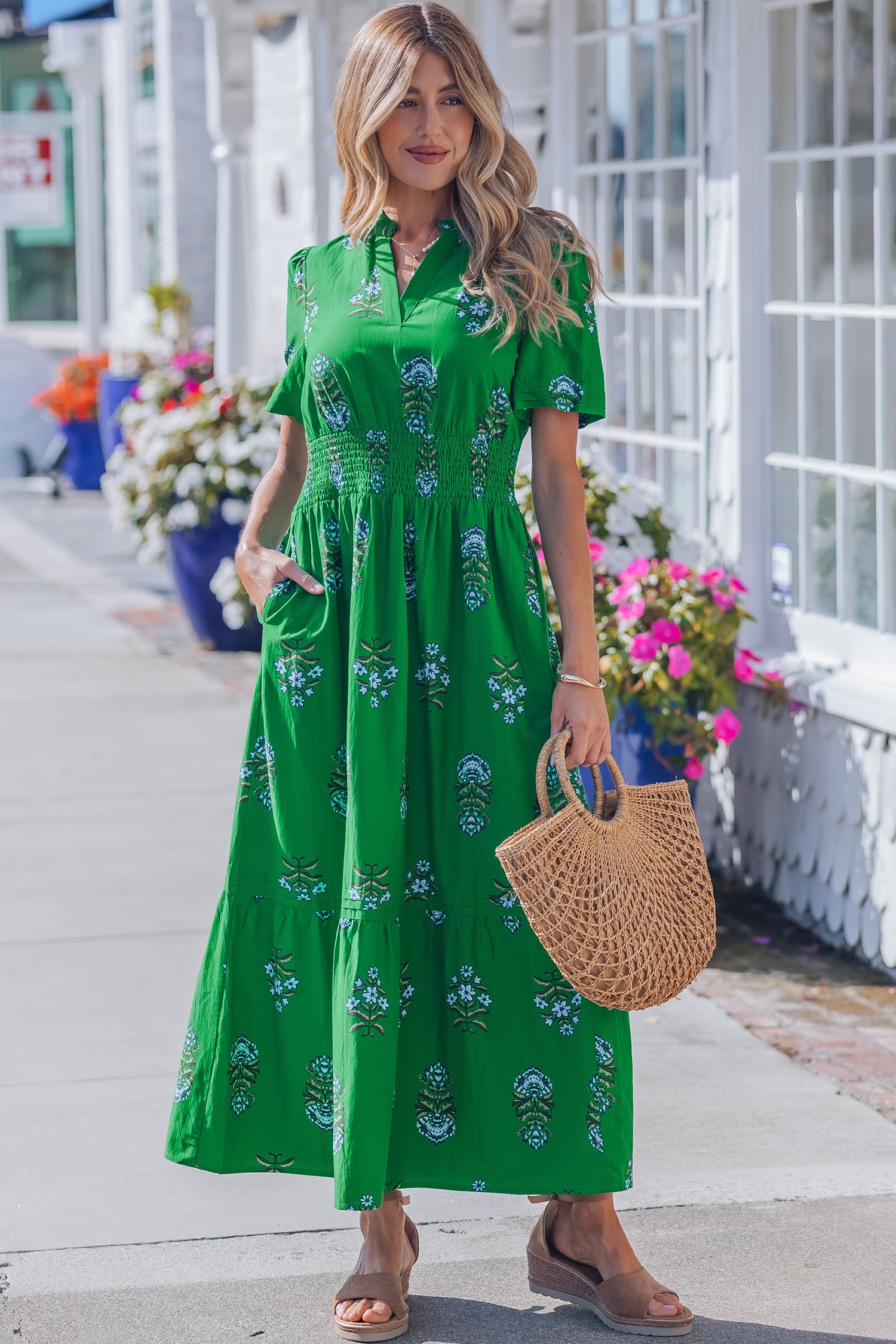 White Floral Print Split Neck Shirred High Waist Ruffle Hem Maxi Dress