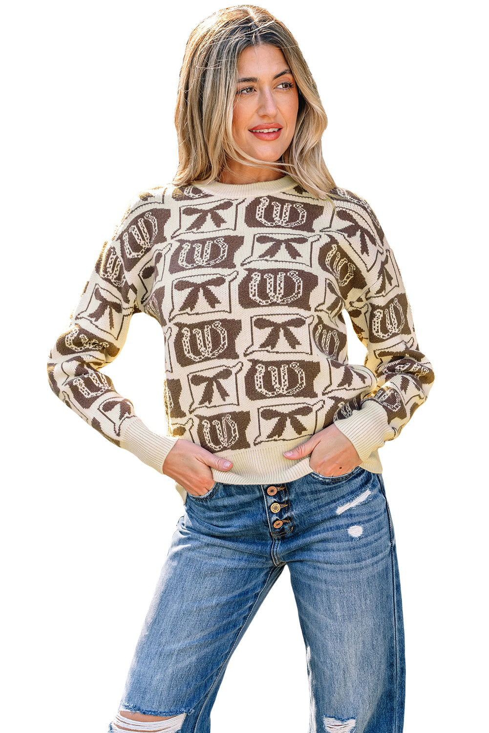 Brown Bows & Horseshoes Pattern Western Fashion Print Sweater