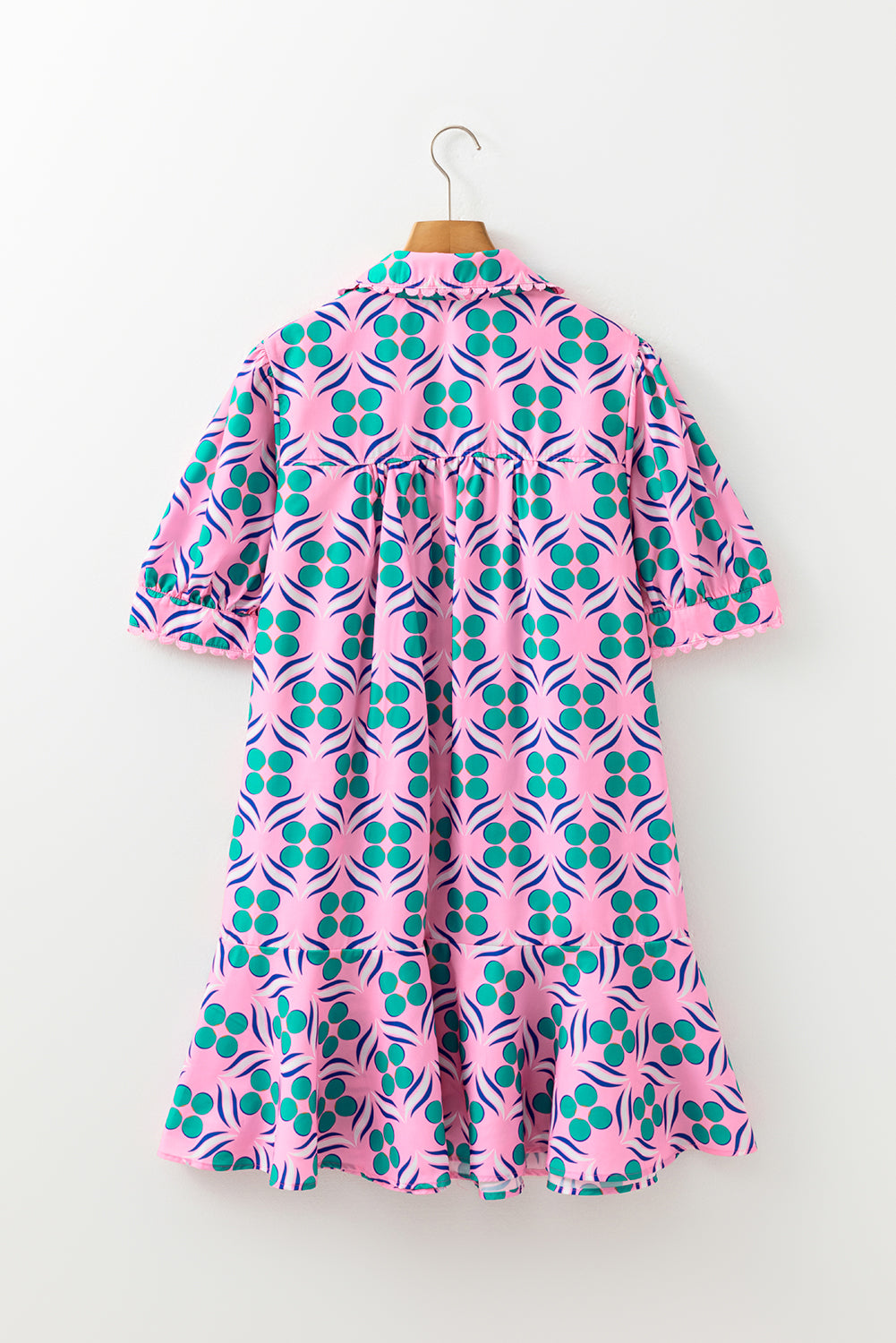 Pink Geometric Floral Print V Neck Ricrac Trim Short Sleeve Mini Dress