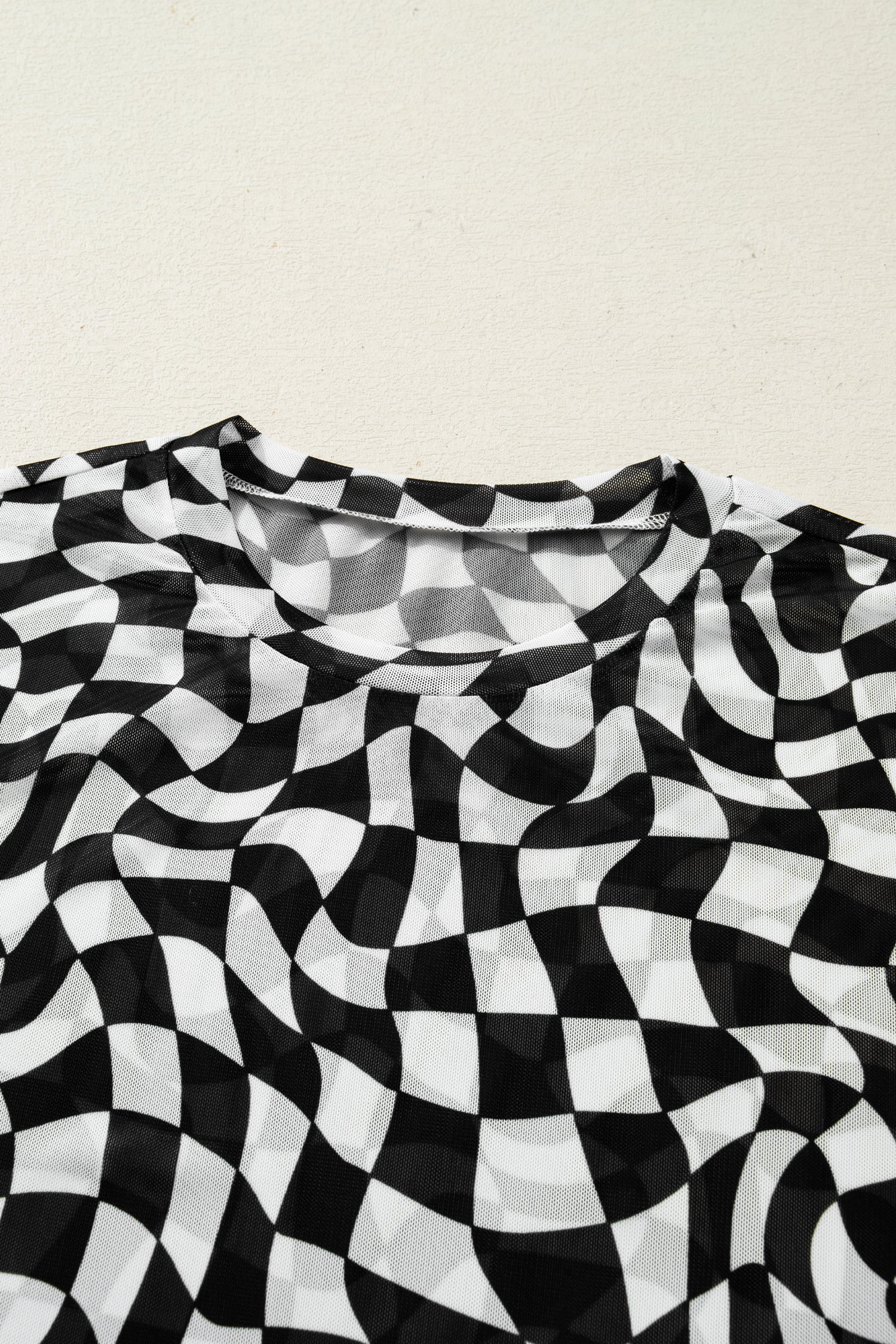 Black Checkered Print Mock Neck Mesh T Shirt