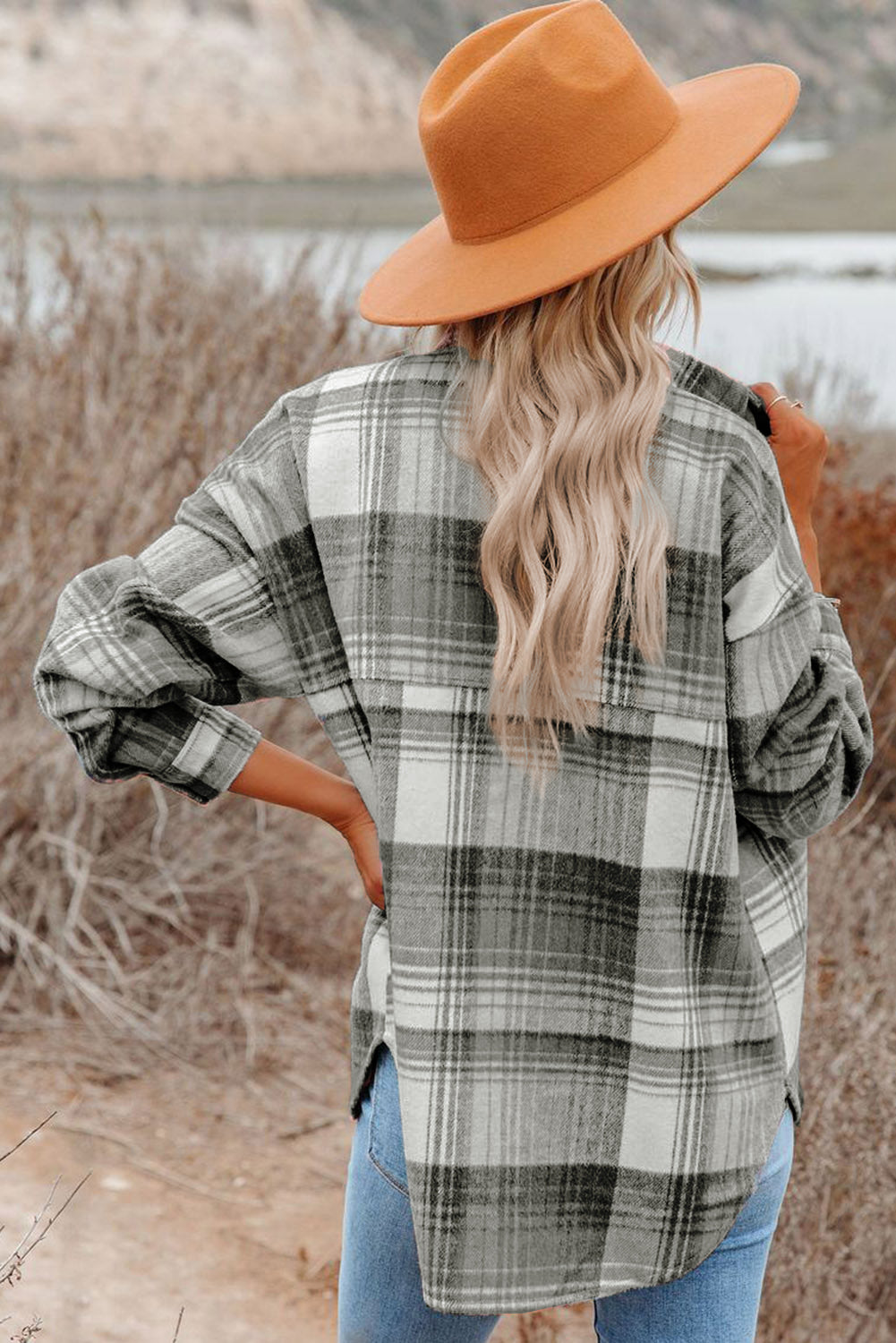 Pink Black/Pink Plaid Flap Pockets Shacket