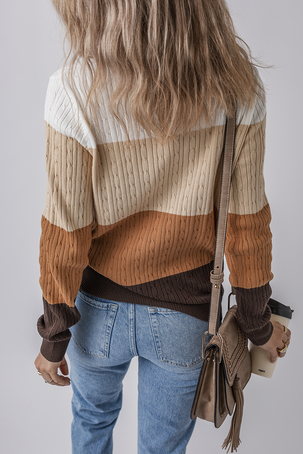 Khaki Colorblock Cable Knit Round Neck Sweater