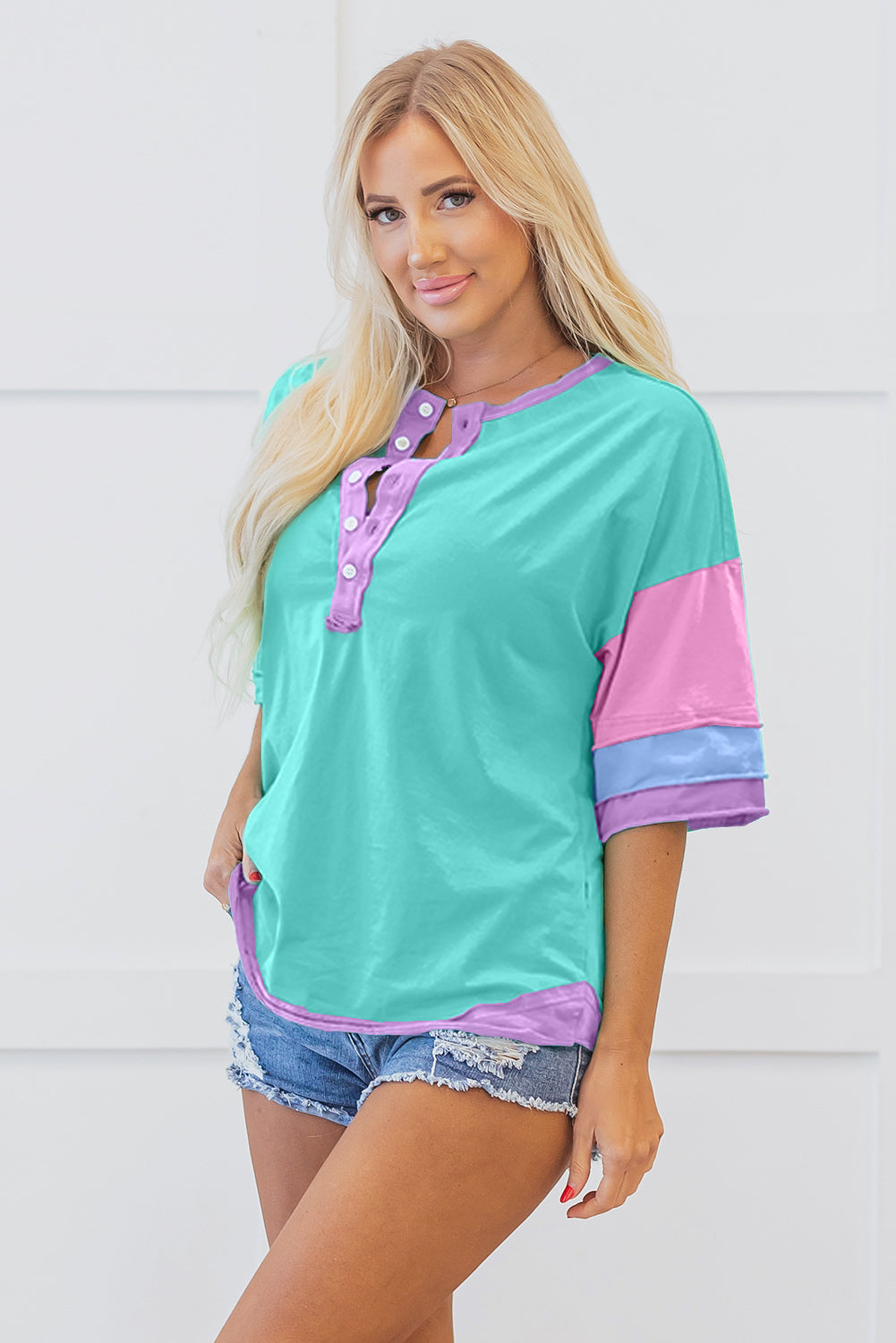 Pink Solid Color Half Sleeve Buttons Henley Top