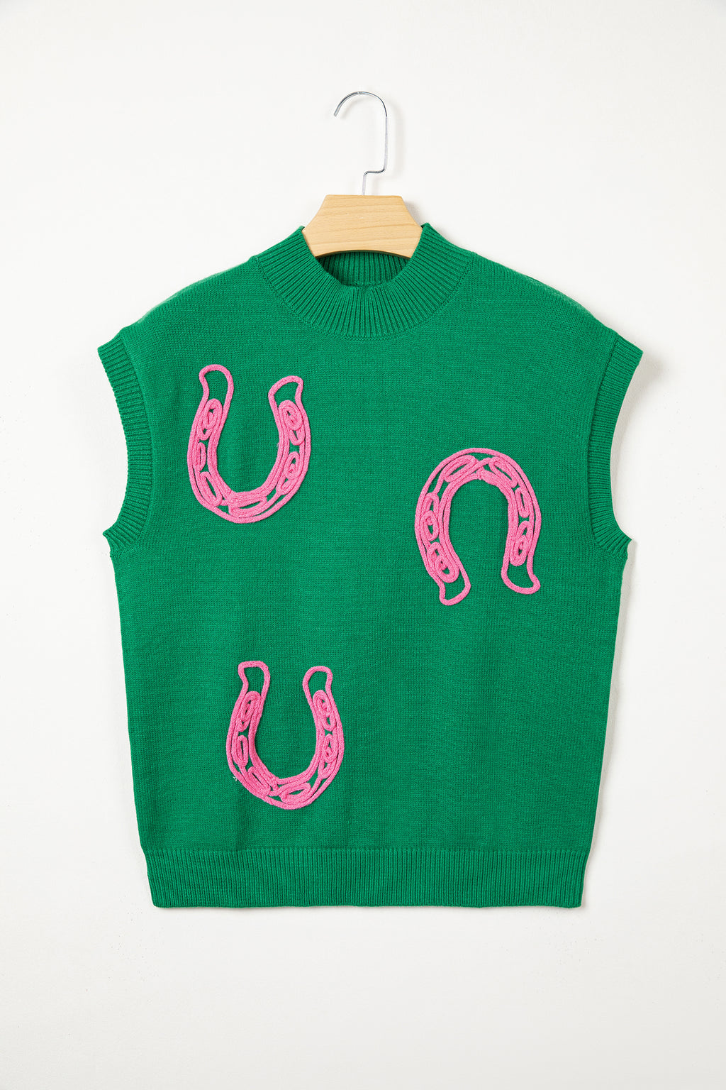 White Corded Horseshoes Ribbed Trim Mock Neck Short Sleeve Sweater