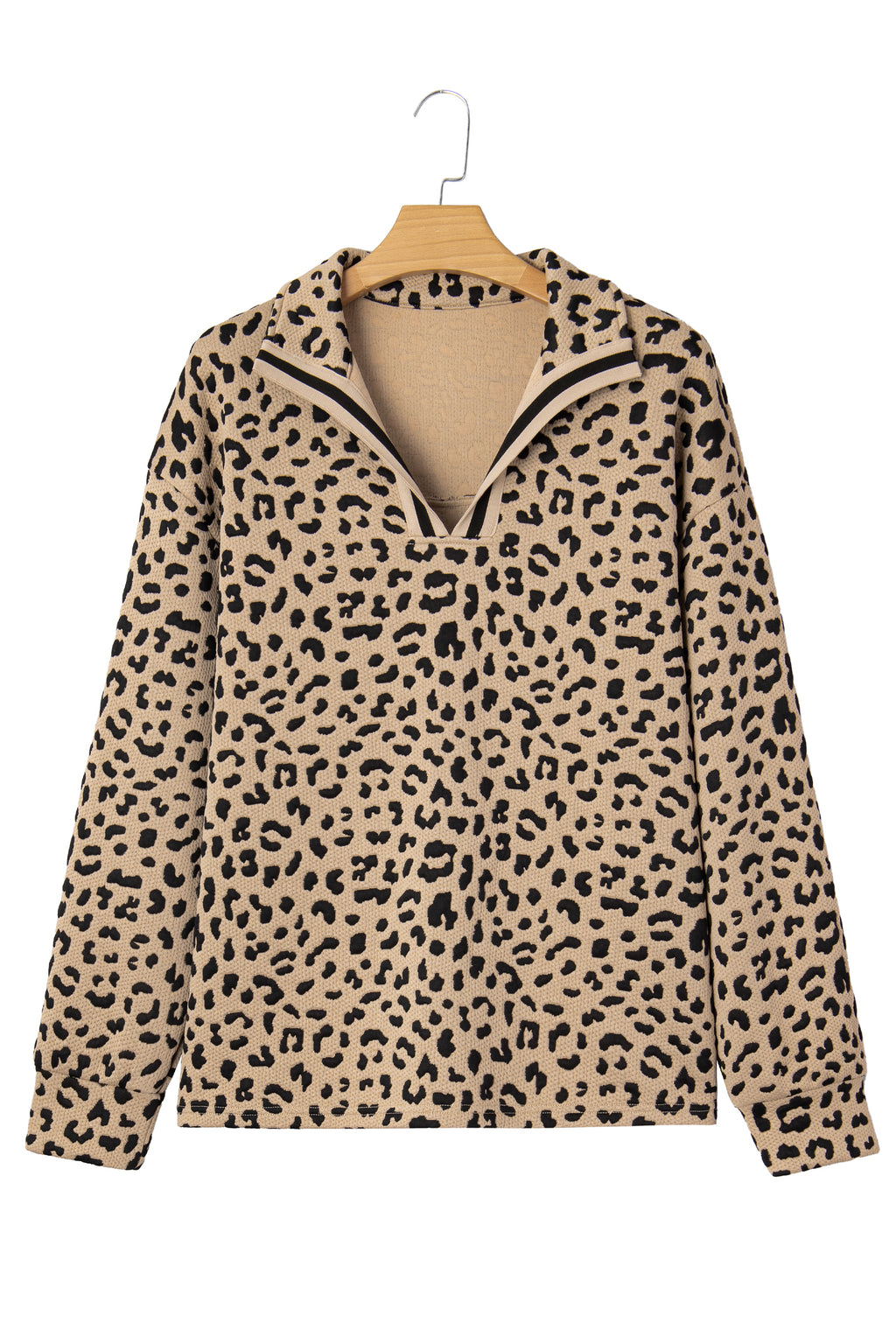 Parchment Leopard Polo Collar V Neck Pullover Top