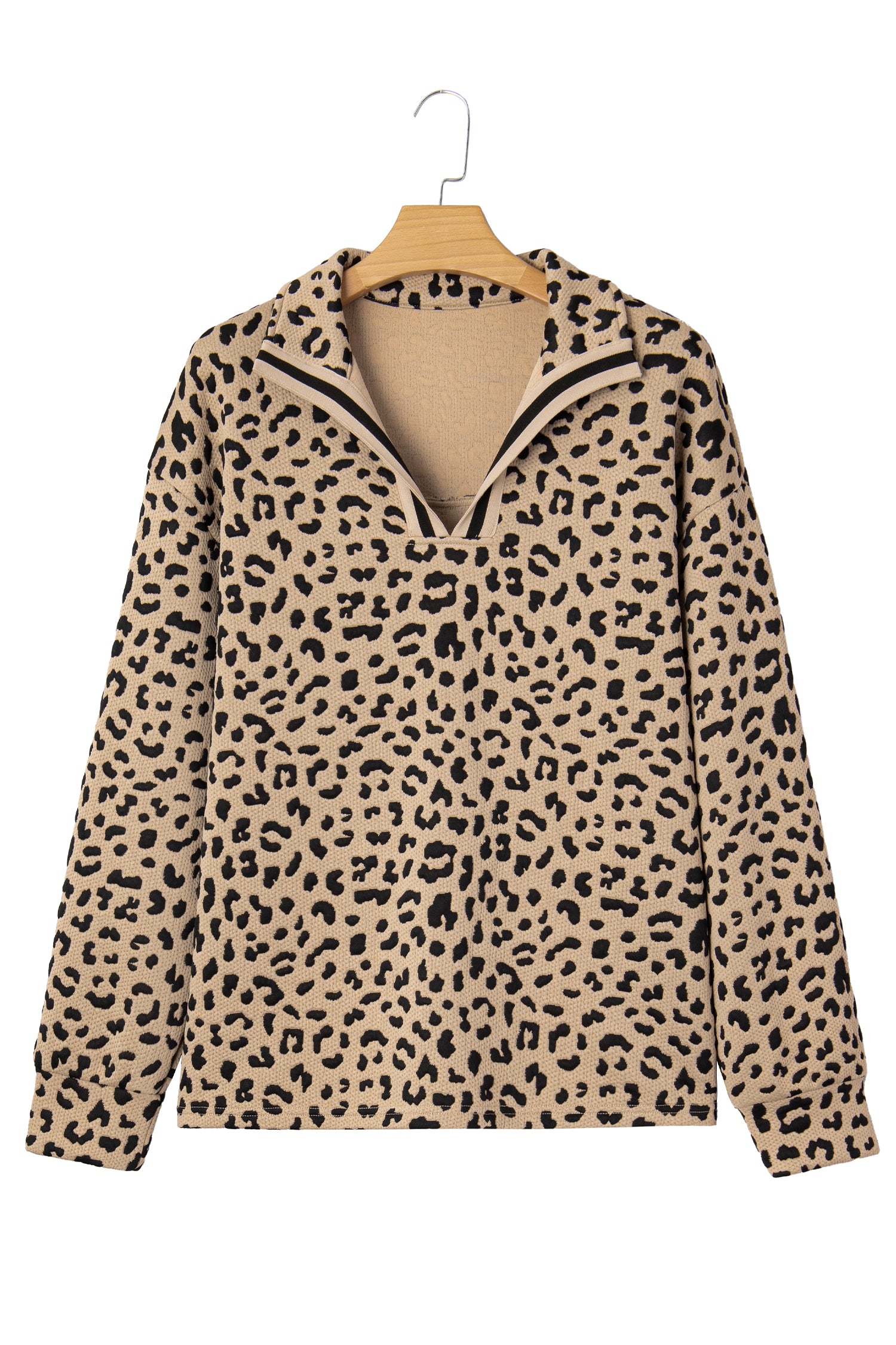Parchment Leopard Polo Collar V Neck Pullover Top