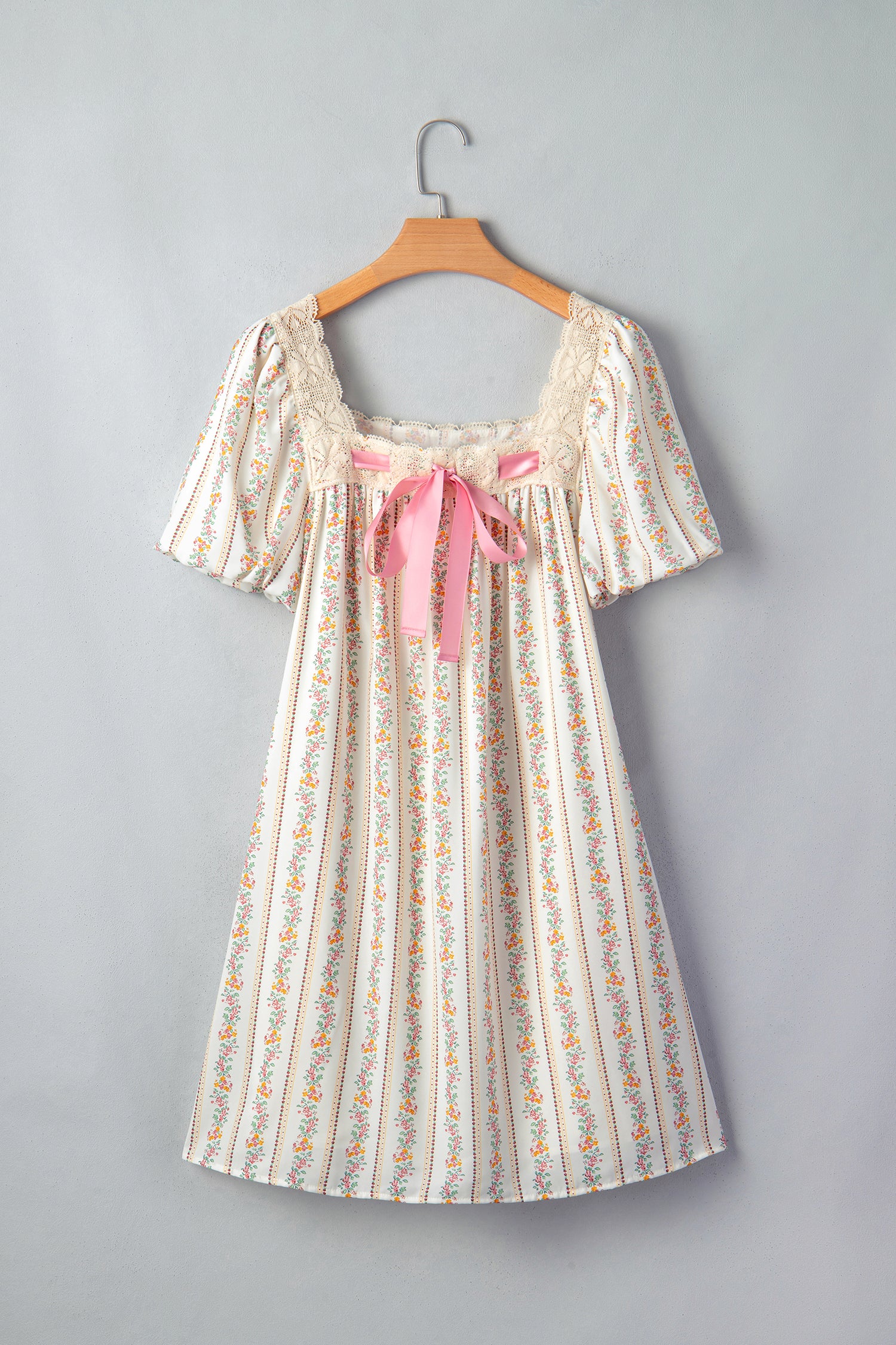Multicolour Floral Print Contrast Ribbon Bow Lace Trim Square Neck Mini Dress