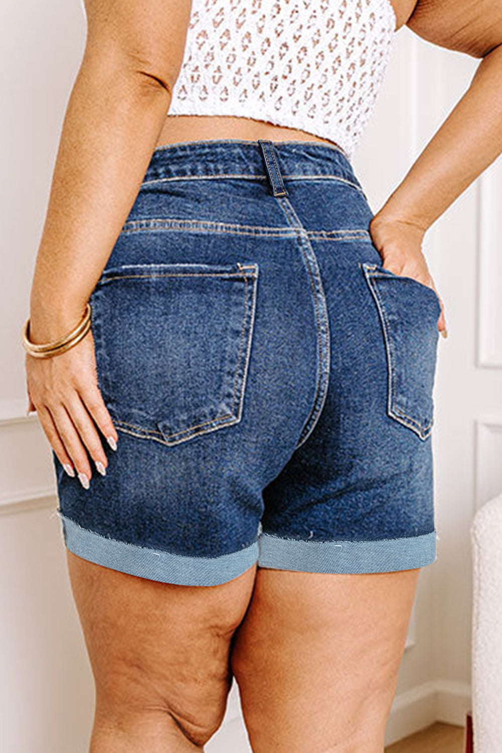 Beau Blue Folded Edge High Waist Plus Size Denim Shorts