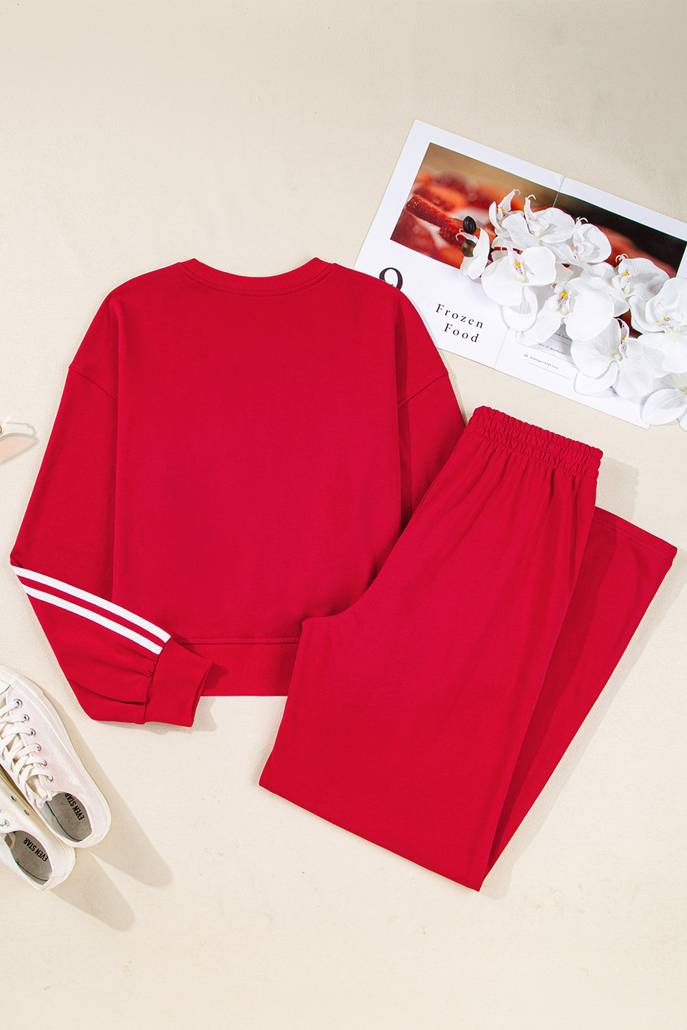 Black Varsity Striped Detail Crewneck Pullover Elastic Sweatpants 2pcs Outfit
