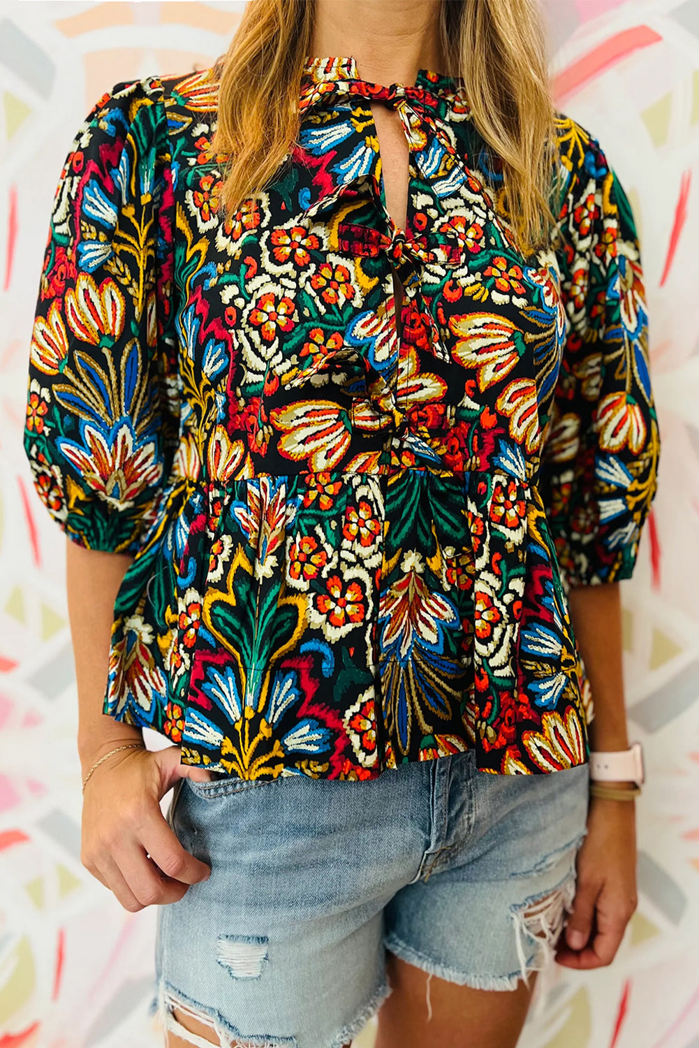 Black Tropical Print Bubble Sleeve Knot Front Blouse