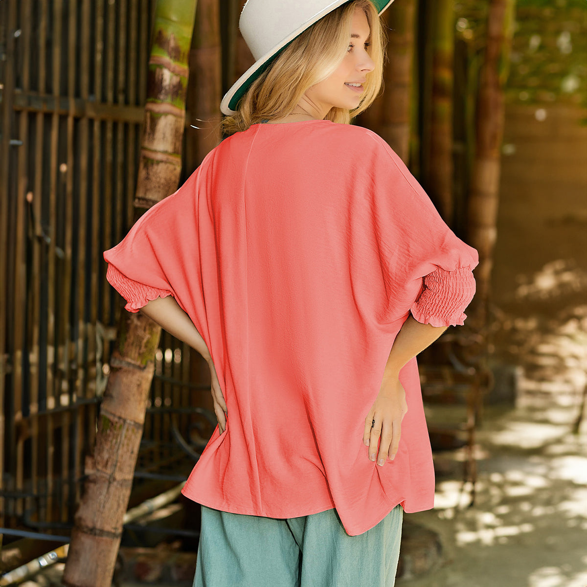 Pink Smocked Wrist Shift Top