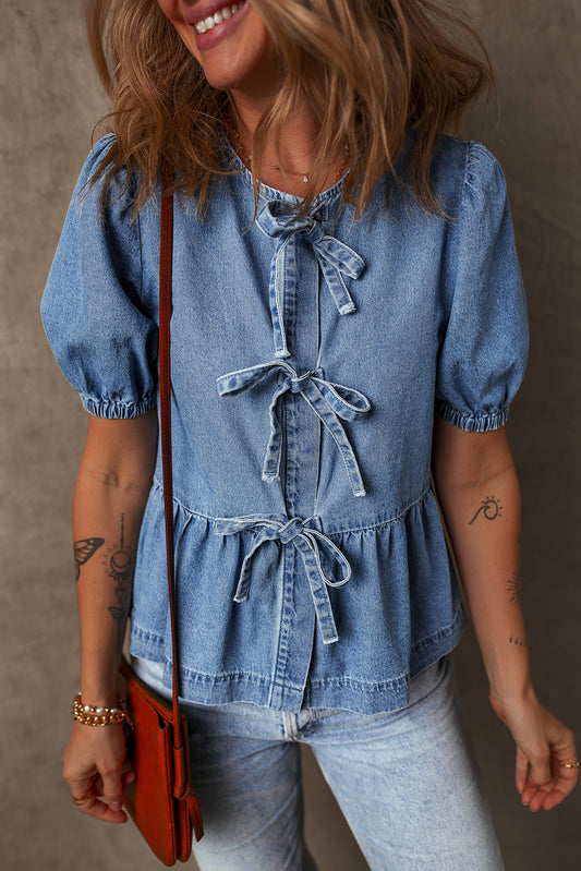 Dusk Blue Tied Front Bubble Sleeve Peplum Denim Shirt