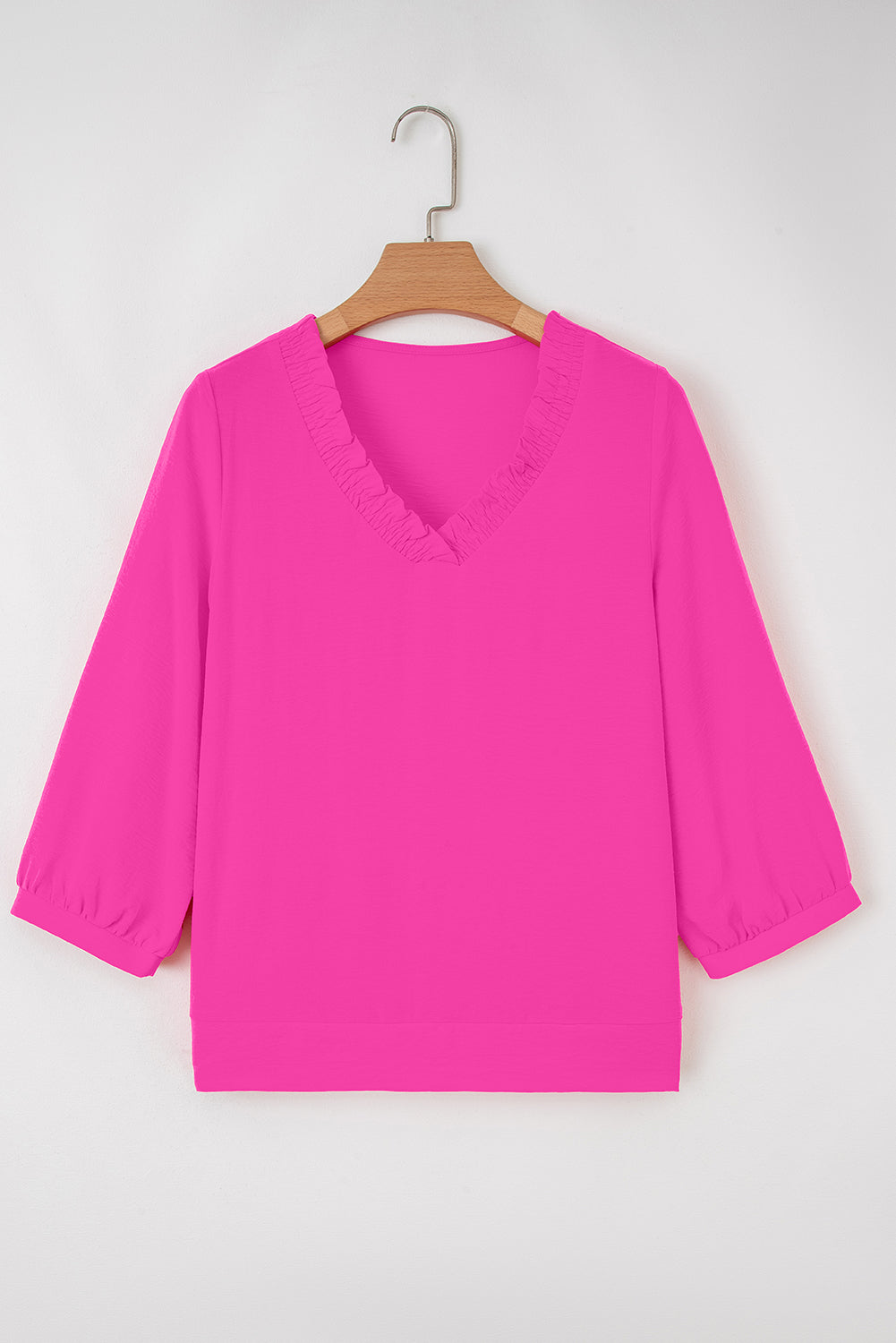Bright Pink Frilled V Neckline Bracelet Sleeve Crinkled Blouse