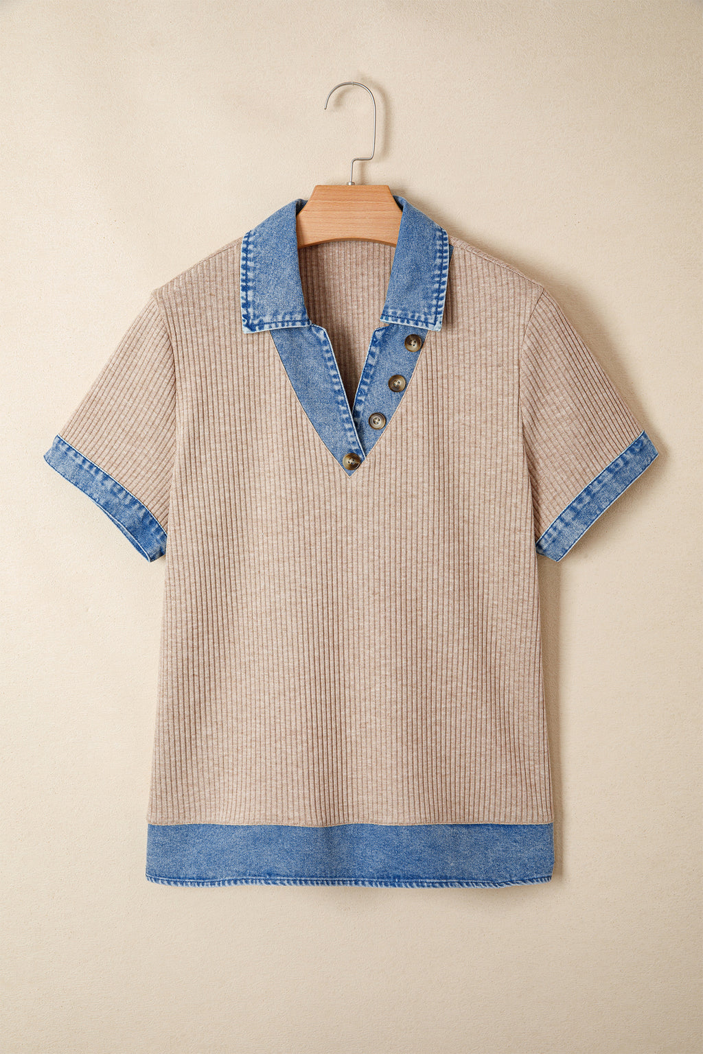 Beige Ribbed Knit Denim Color Block Patchwork Button Detail Collared Blouse
